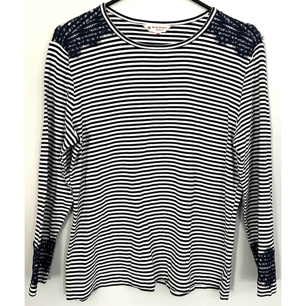 Brooks Brothers Red Fleece Shirt Women M Navy White Striped Lace Trim